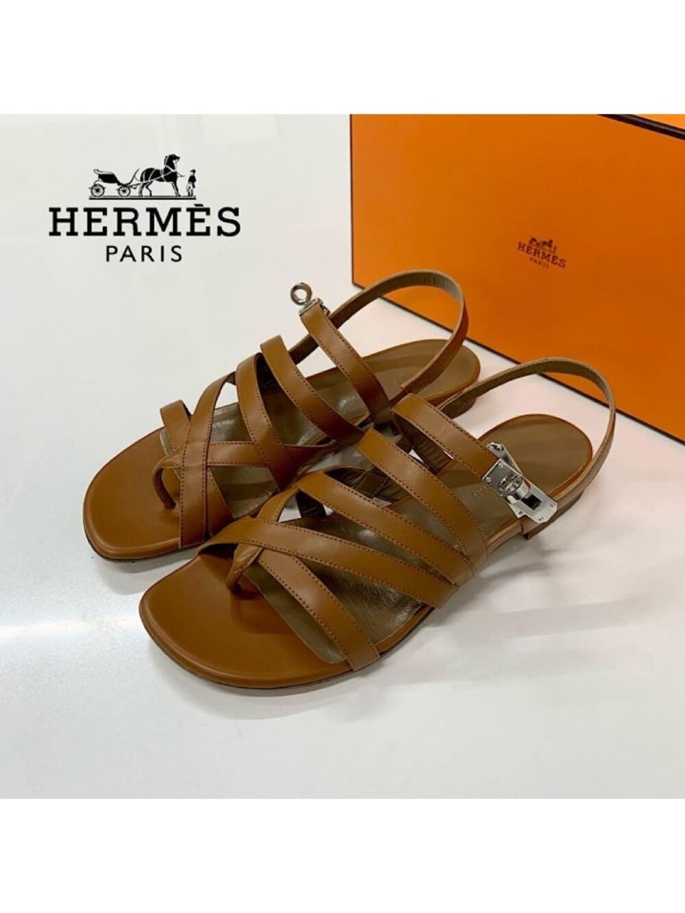 Hermes Leather Kelly Strap Sandals Brown